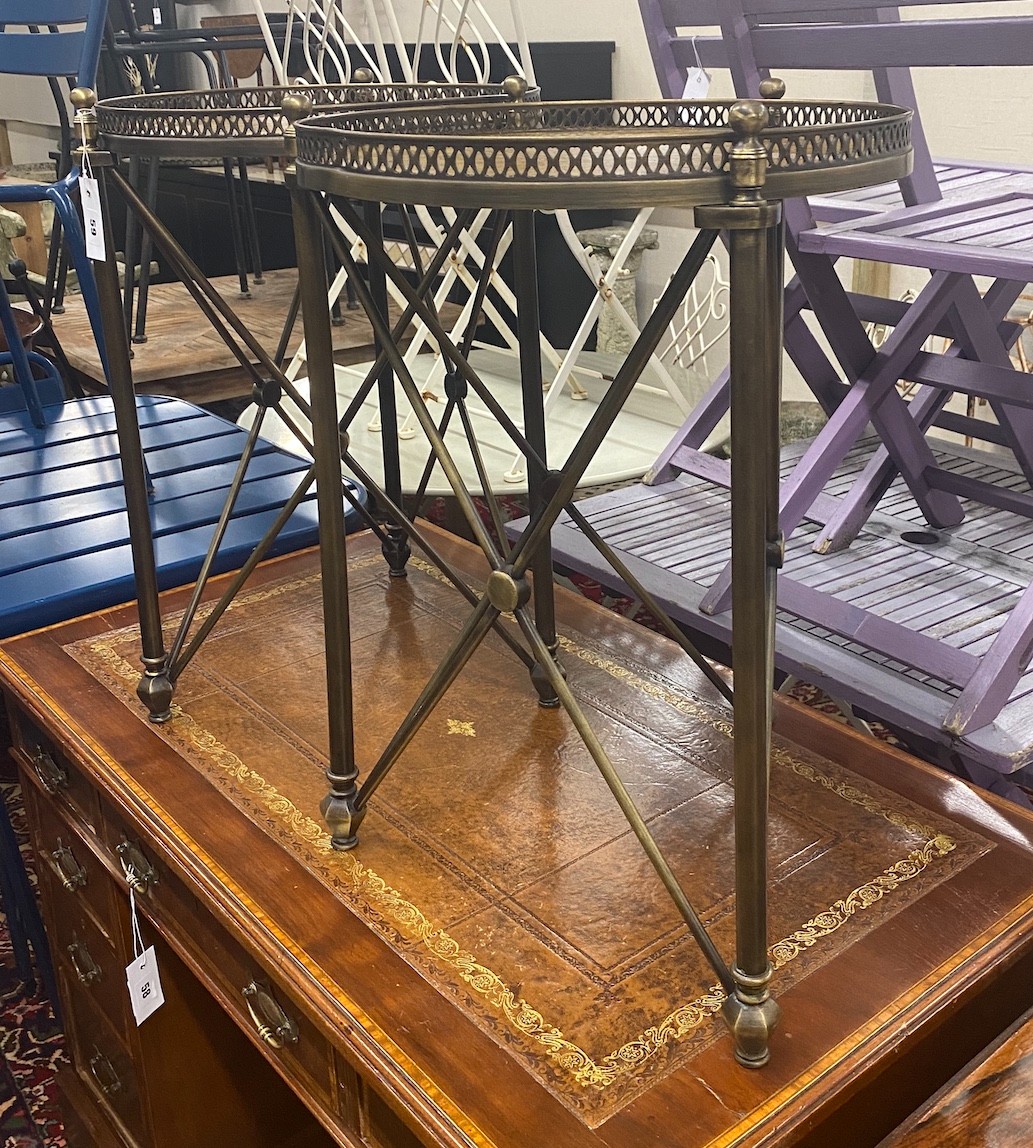 A pair of Maison Jansen style circular faux leather top brass galleried occasional tables, diameter 43cm, height 59cm